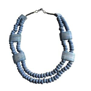 Vintage Double-Strand Blue Beaded Necklace Hook Closure Wooden Rustic Boho